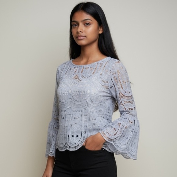 i madeline Tops - I MADELINE long sleeve small crocheted top bell sleeves NWT baby blue
